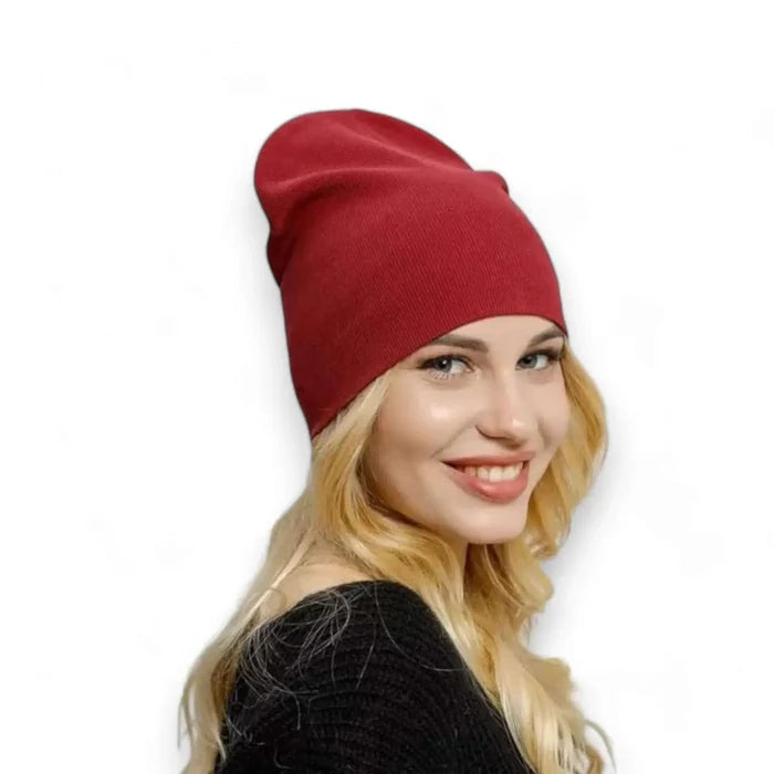 Solid Color Lightweight Fisherman Beanie skull cap in soft acrylic shown cuffed and slouchy styles red