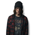 Solid color ribbed fisherman beanie skull cap in soft acrylic shown cuffed and slouchy styles black grunge style