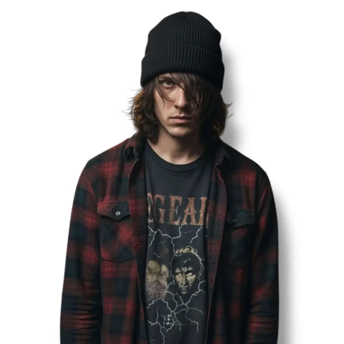 Solid color ribbed fisherman beanie skull cap in soft acrylic shown cuffed and slouchy styles black grunge style
