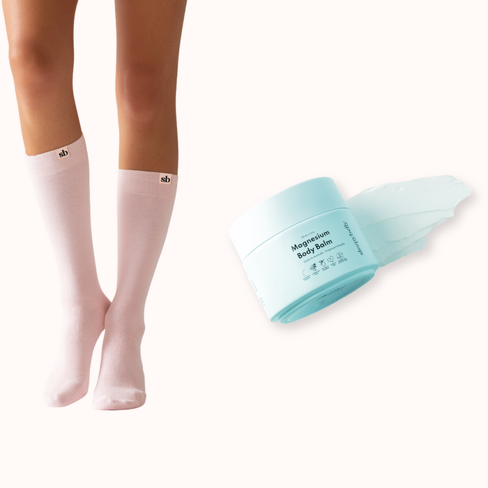 Soothe & Support Bundle pairing pale pink maternity compression socks with Magnesium Body Balm tub and swatch