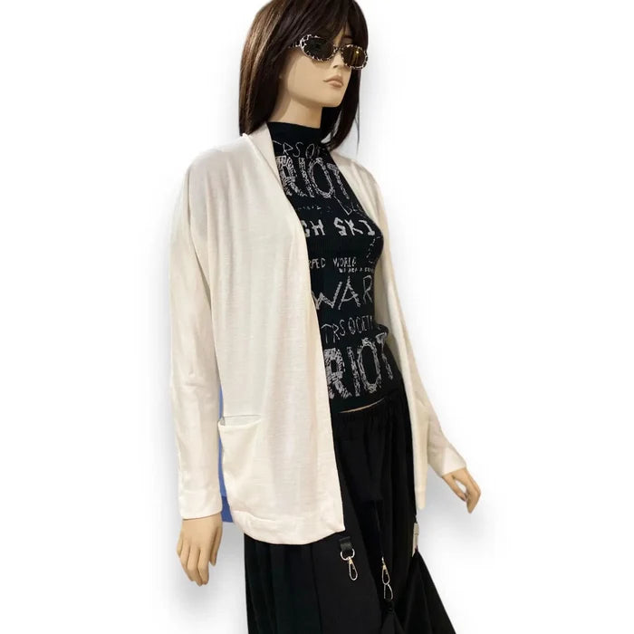 Sophisticated Ivory Lightweight Knit Cardigan displayed on a mannequin wearing stylish sunglasses and a graphic top.