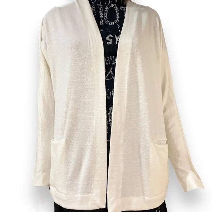 Sophisticated Ivory Lightweight Knit Cardigan displayed on a mannequin showcasing its relaxed fit and draped design.