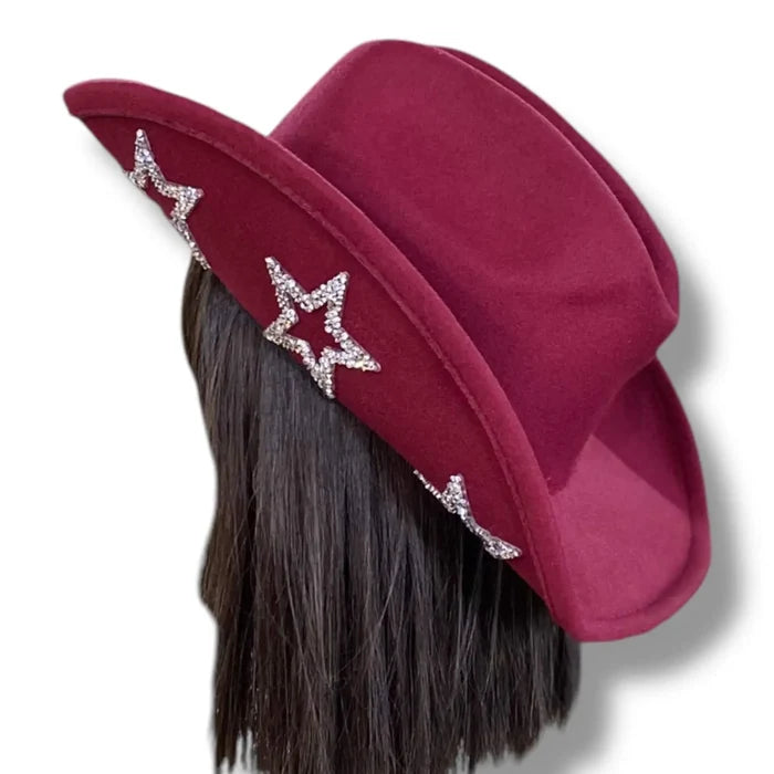 sparkle rhinestone stars cowboy hat in burgundy and black with tall crown and curled brim for western glam style