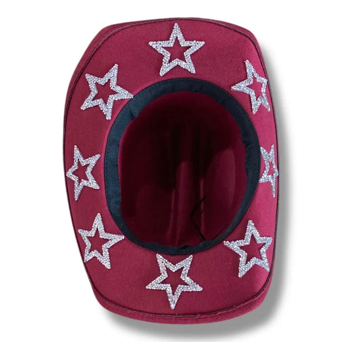sparkle rhinestone stars cowboy hat in burgundy and black with tall crown and curled brim for western glam style