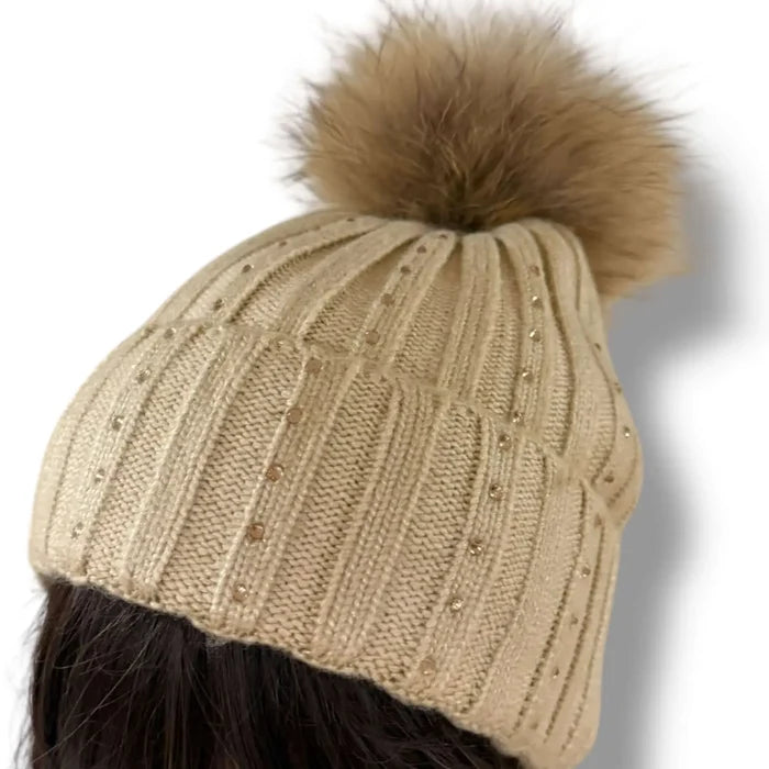 Sparkly beige rib knit cuffed beanie with detachable raccoon fur pom pom and champagne crystal accents, soft wool acrylic winter hat.