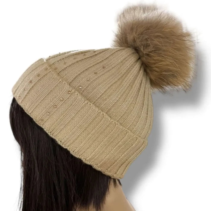 Sparkly beige rib knit cuffed beanie with detachable raccoon fur pom pom and champagne crystal accents, soft wool acrylic winter hat.