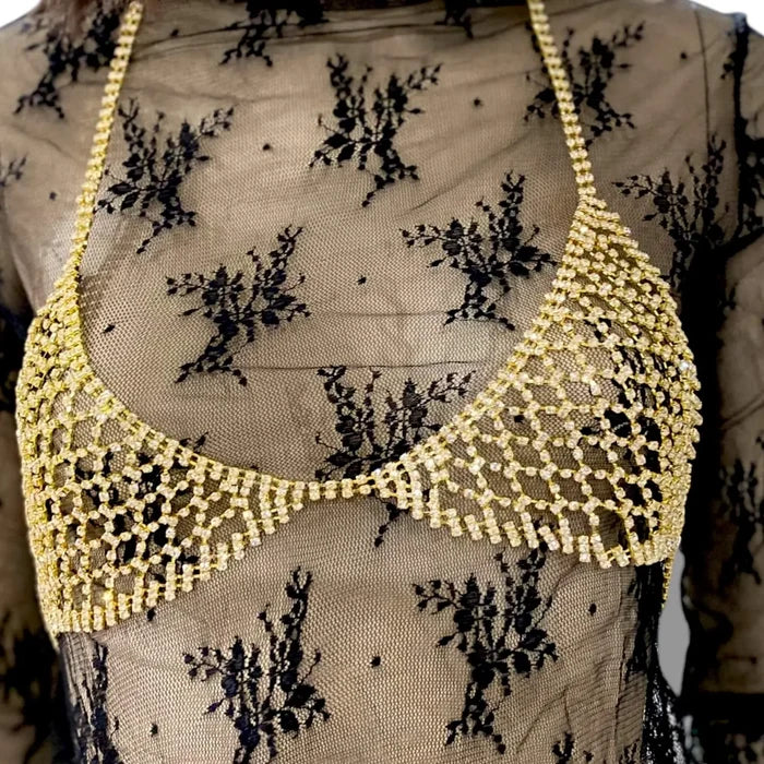 Sparkly Chest Chain Bralette Body Chain with rhinestone mesh cups and adjustable chains gold