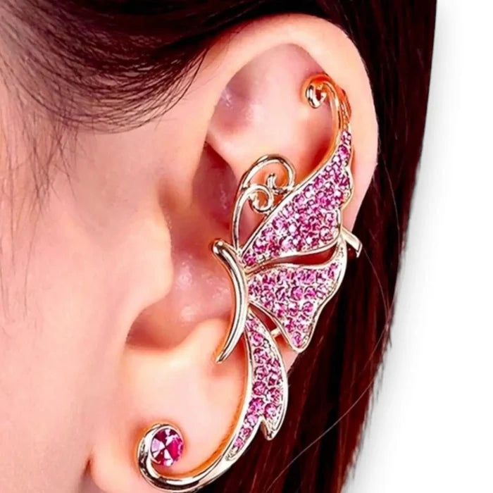 Sparkly Crystal Butterfly Wing Clip On Cuff with gold tone rhinestone ear wrap pink / one size / women's