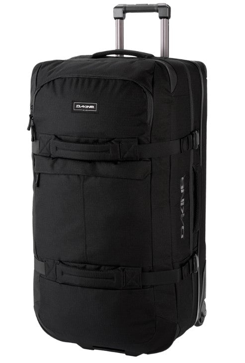Black rolling suitcase with visible brand logo on a white background