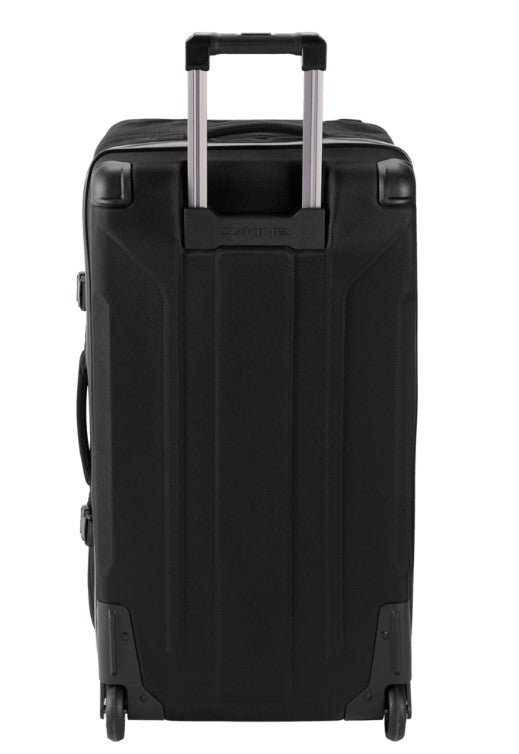 Black suitcase with wheels and handle on a white background