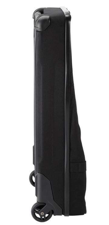Black suitcase with wheels on a white background