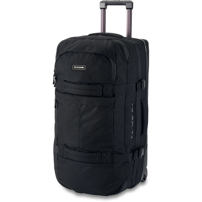 Black rolling suitcase with visible brand logo on a white background