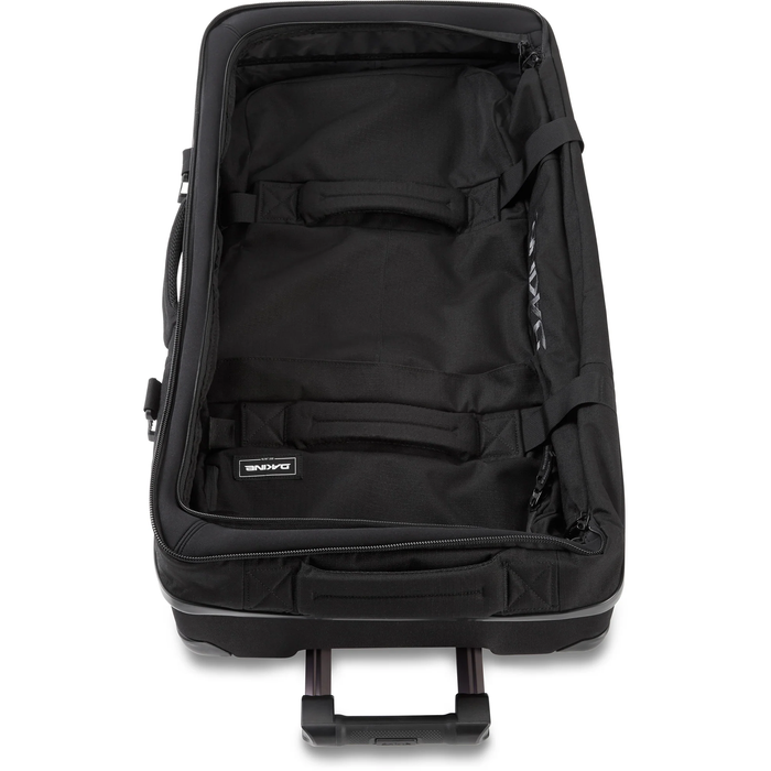 Black rolling suitcase with a visible brand logo on a white background