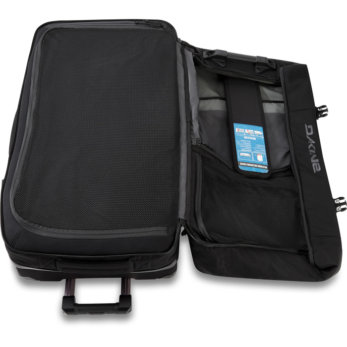 Black suitcase with open compartment showing a blue label on a white background