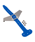 Metal bracket with blue accents and small metal components on a white background