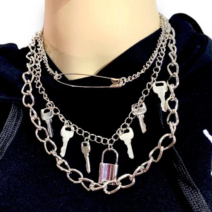 Stackable Streetwear Necklace Sets  keys locket and long clothespin for Streetwear, Grunge, hipster stackable necklaces