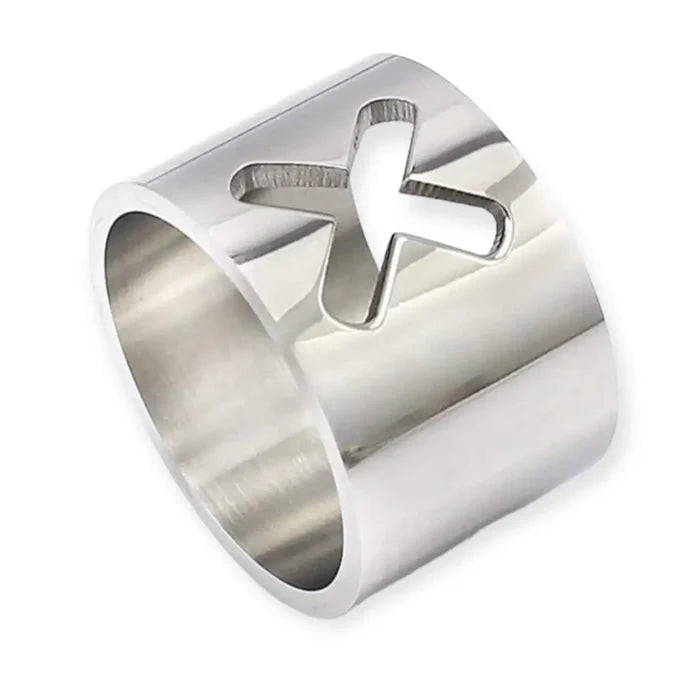 Stainless steel cut out X wide band ring in silver with hollow X detail, extra wide bold style jewelry