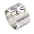 Stainless steel cut out X wide band ring in silver with hollow X detail, extra wide bold style jewelry