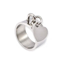 Stainless Steel Heart Charm Wide Band Ring in polished silver with dangling heart charm and statement band size 11