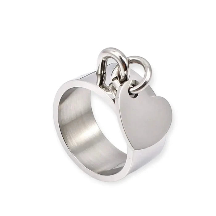 Stainless Steel Heart Charm Wide Band Ring in polished silver with dangling heart charm and statement band size 11
