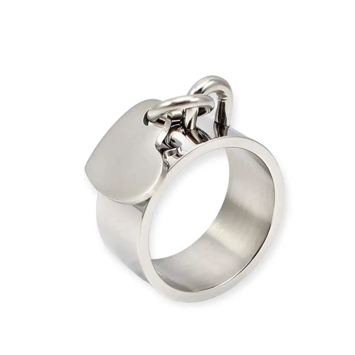 Stainless Steel Heart Charm Wide Band Ring in polished silver with dangling heart charm and statement band size 11