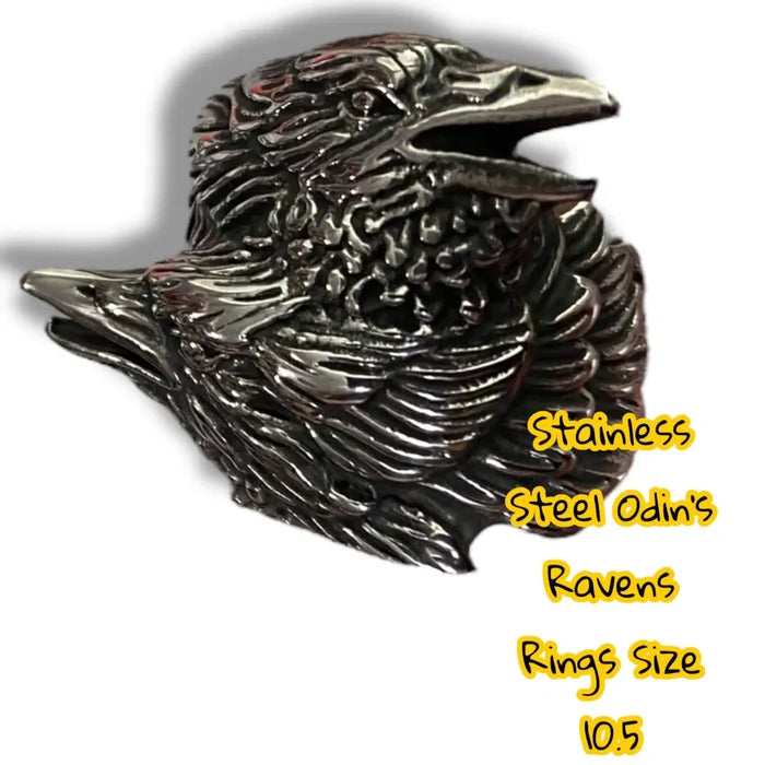 Stainless Steel Raven's Ring featuring twin Odin ravens Huginn and Muninn, matte silver Viking biker ring in Nordic gothic style