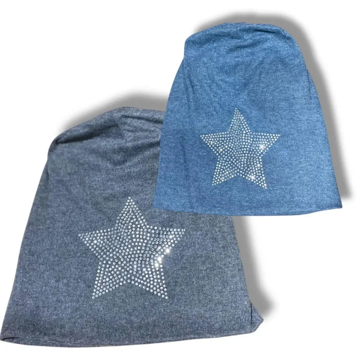 Star studded jersey beanie cap in black with oversized crystal rhinestone star, unisex brimless cotton blend hat for streetwear and festival fashion
