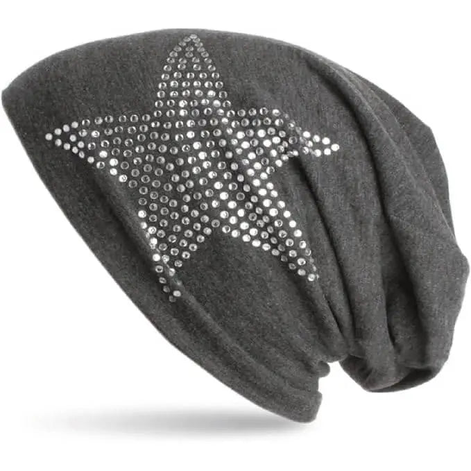 Star studded jersey beanie cap in black with oversized crystal rhinestone star, unisex brimless cotton blend hat for streetwear and festival fashion
