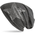 Star studded jersey beanie cap in black with oversized crystal rhinestone star, unisex brimless cotton blend hat for streetwear and festival fashion