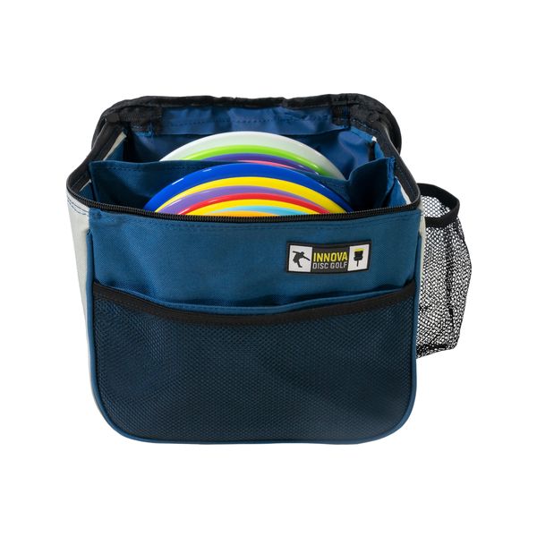 Blue disc golf bag with colorful discs on a white background