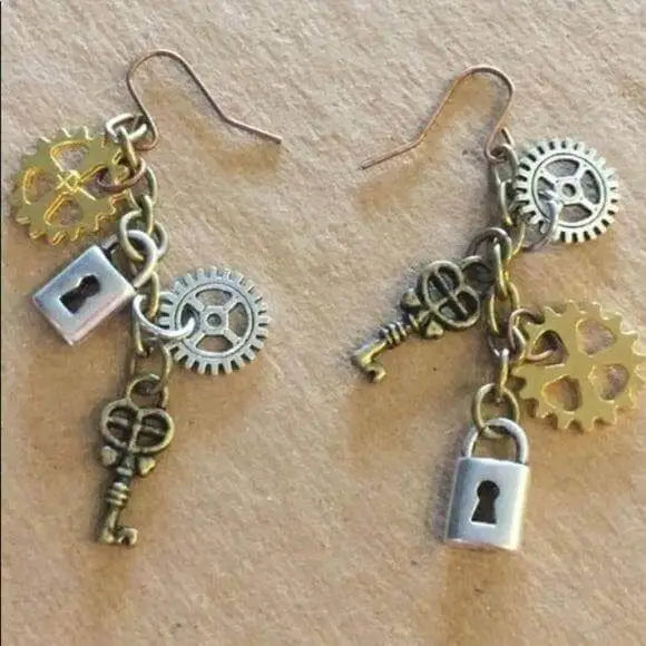 Steampunk Gear & Key Dangles with mixed-metal charms, skeleton keys, gears, and padlocks handmade in USA