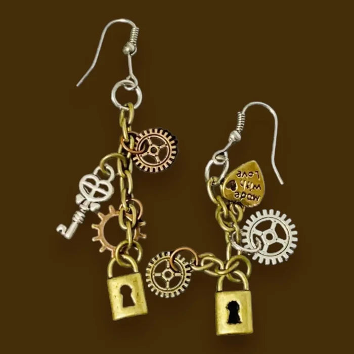 Steampunk Gear & Key Dangles with mixed-metal charms, skeleton keys, gears, and padlocks handmade in USA