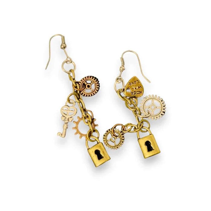Steampunk Gear & Key Dangles with mixed-metal charms, skeleton keys, gears, and padlocks handmade in USA