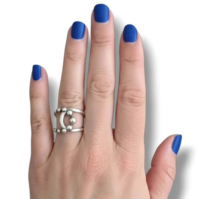 woman wearings Sterling Silver Beaded Open Wrap Ring women's adjustable cuff band and asymmetrical bead detail size 8