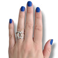 woman wearings Sterling Silver Beaded Open Wrap Ring women's adjustable cuff band and asymmetrical bead detail size 8