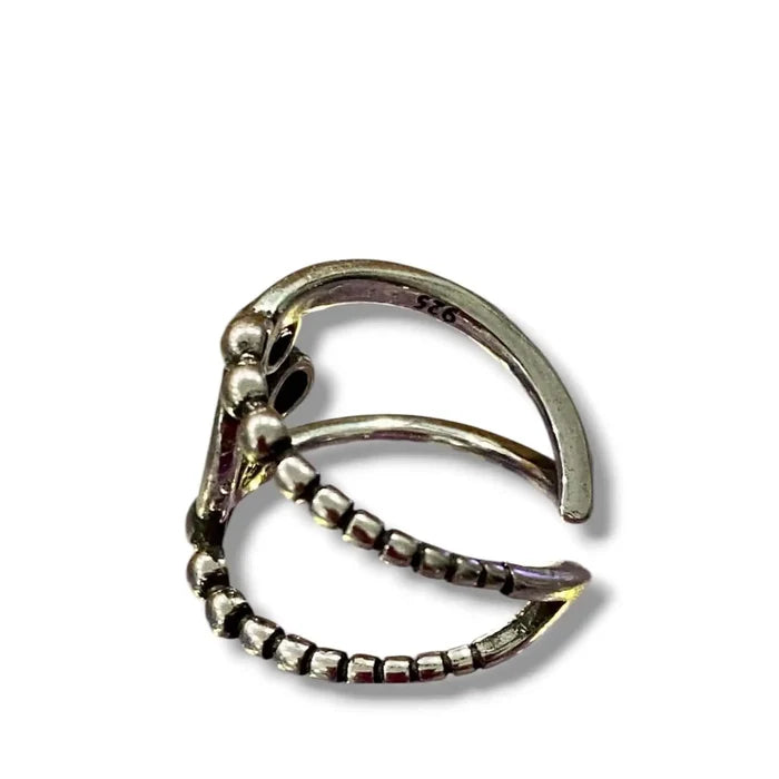 Sterling Silver Beaded Open Wrap Ring women's adjustable cuff band and asymmetrical bead detail size 8