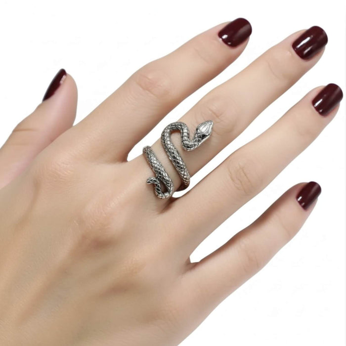woman wearing on middle finger Sterling Silver Bite Me Snake Wrap Ring with antique silver textured serpent design