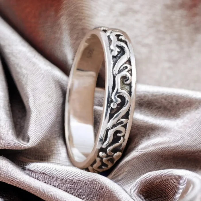 Sterling Silver Minimalist Bali Engraved Ring with antiqued artisan pattern on a slim 925 sterling silver band