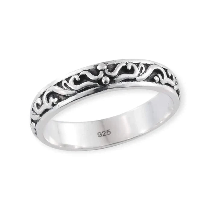 Sterling Silver Minimalist Bali Engraved Ring with antiqued artisan pattern on a slim 925 sterling silver band