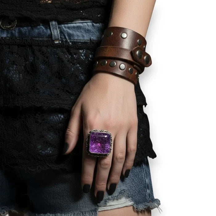 Sterling Silver Purple Crackled Quartz Ring with 33-carat emerald cut antiqued  filigree design