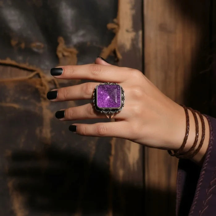 Sterling Silver Purple Crackled Quartz Ring with square emerald-cut purple stone and antiqued sterling silver filigree"