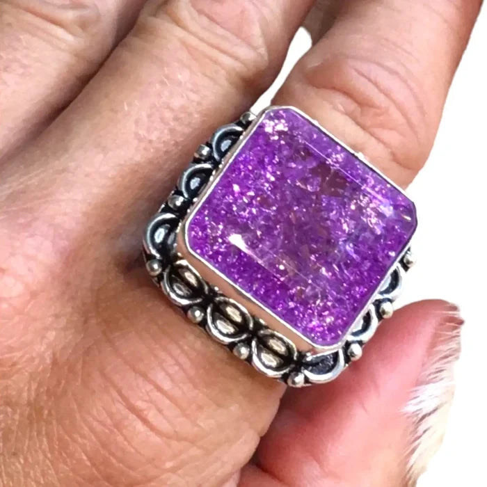 Sterling Silver Purple Crackled Quartz Ring with square emerald-cut purple stone and antiqued sterling silver filigree"
