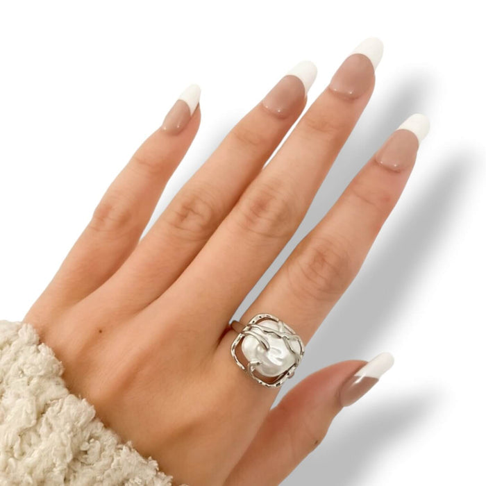 woman wearing on index finger Sterling Silver Vine Baroque Pearl Ring with square faux pearl and adjustable band