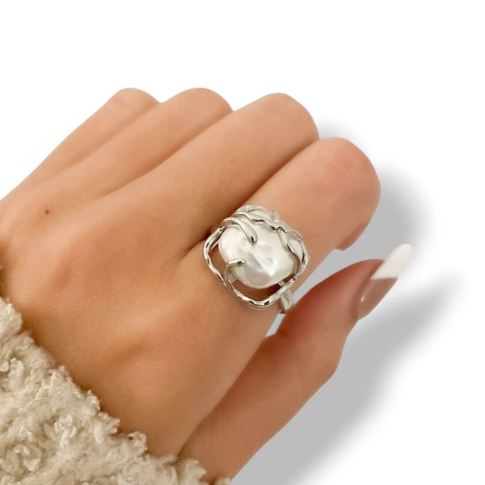 woman wearing Sterling Silver Vine Baroque Pearl Ring with square faux pearl and adjustable band