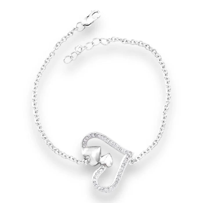 white background Sterling Silver White Diamond Heart Bracelet with open heart zirconia design women's/ 925 sterling silver/ 6.75"
