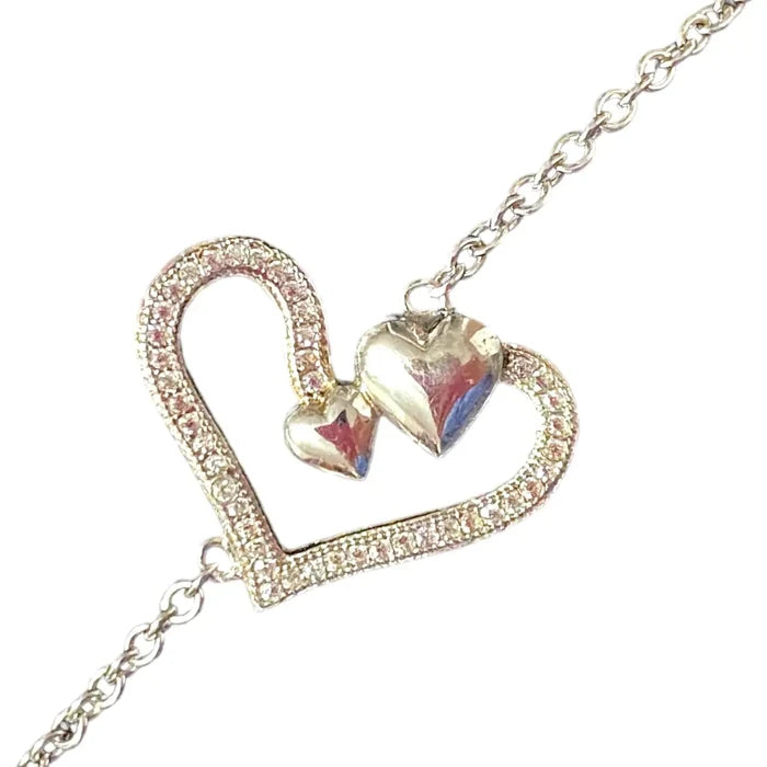 Sterling Silver White Diamond Heart Bracelet with open heart zirconia design women's/ 925 sterling silver/ 6.75"