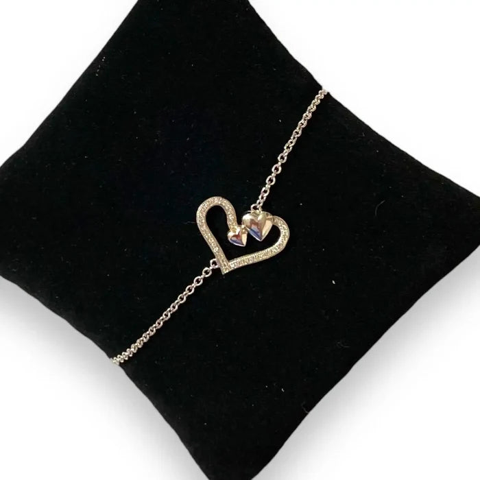 black pillow Sterling Silver White Diamond Heart Bracelet with open heart zirconia design women's/ 925 sterling silver/ 6.75"