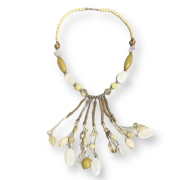 Boho-Chic Stone and Shell Leather Tassel Statement Necklace