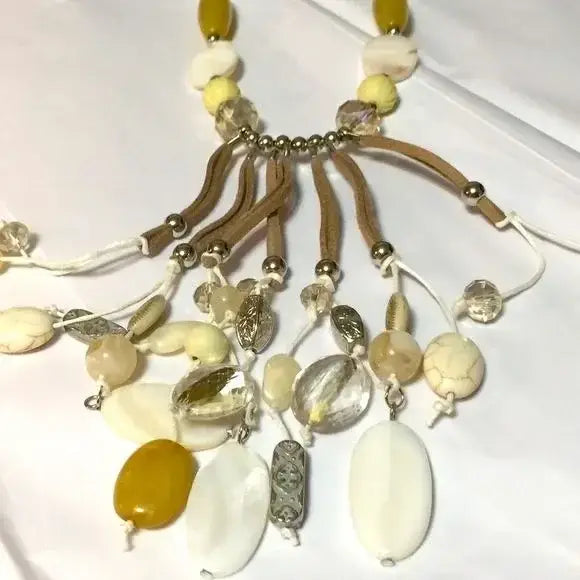 Boho-Chic Stone and Shell Leather Tassel Statement Necklace