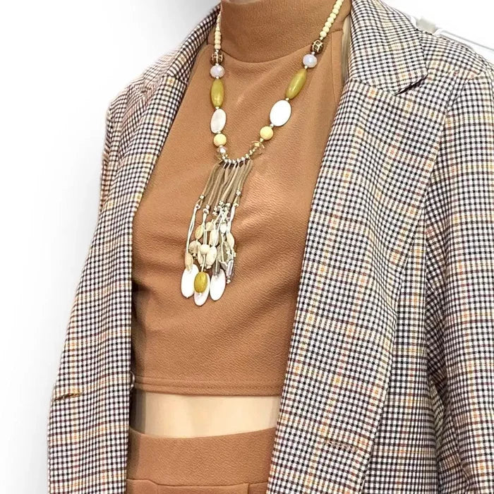 Boho-Chic Stone and Shell Leather Tassel Statement Necklace